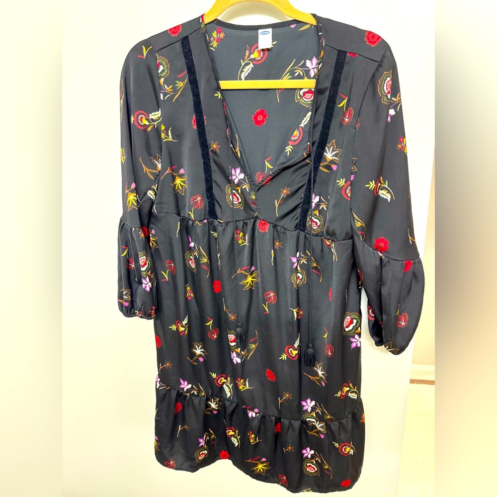 Floral Black Dress with V-Neck